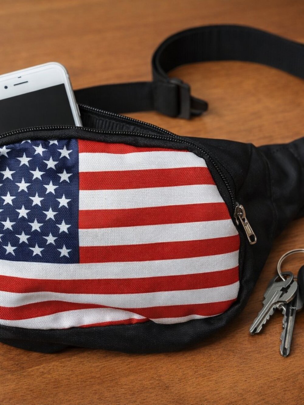 Black American Flag Waist Pack / Fanny Pack – 3‑Pocket, Adjustable Strap, Unisex